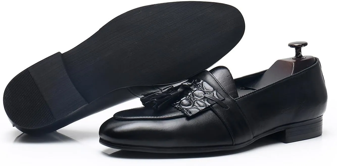 Santimon Men's Genuine Leather Tassel Loafers - Slip-On Dress Shoes for Casual, Business, Wedding & Prom - Modern Penny Loafers for Suits & Tuxedos