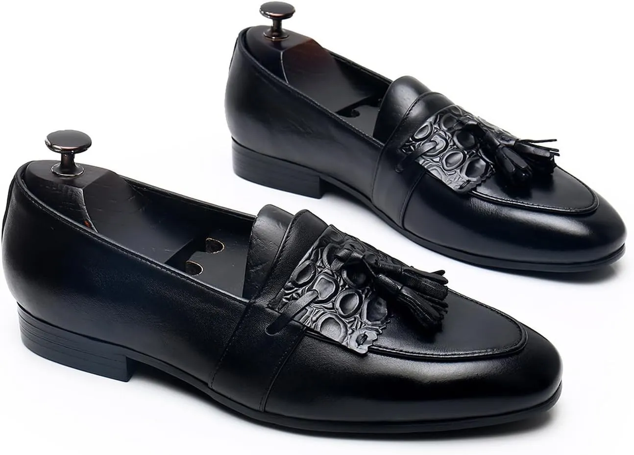 Santimon Men's Genuine Leather Tassel Loafers - Slip-On Dress Shoes for Casual, Business, Wedding & Prom - Modern Penny Loafers for Suits & Tuxedos