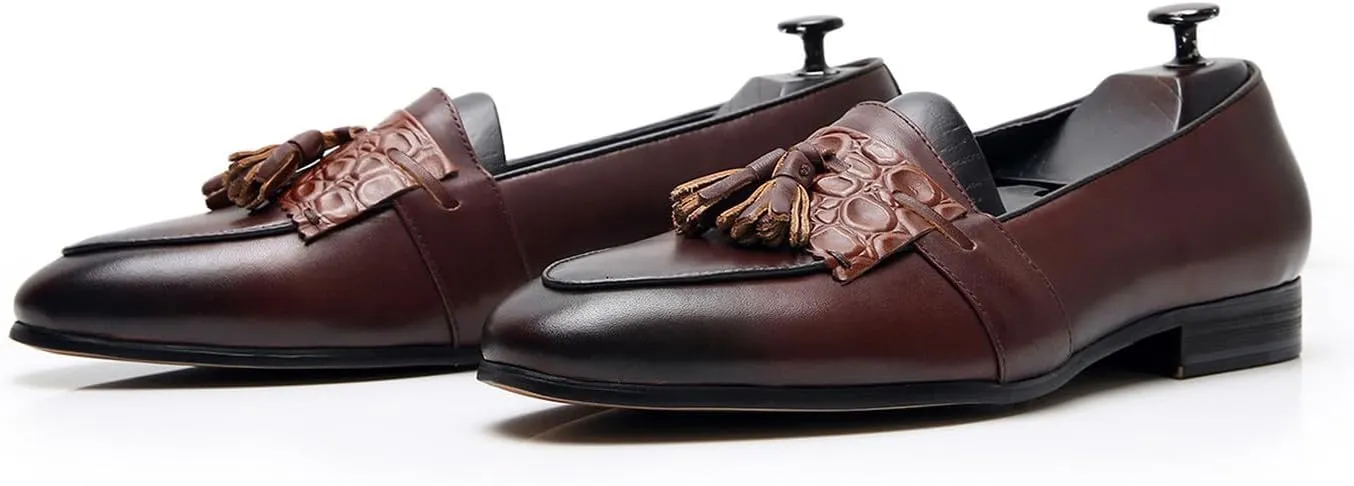 Santimon Men's Genuine Leather Tassel Loafers - Slip-On Dress Shoes for Casual, Business, Wedding & Prom - Modern Penny Loafers for Suits & Tuxedos