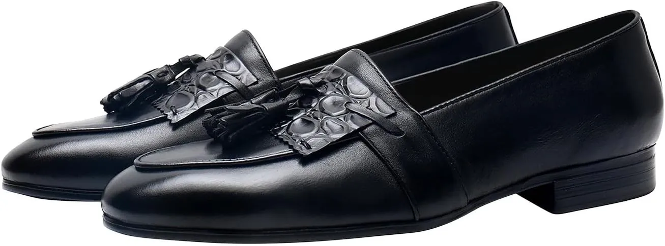 Santimon Men's Genuine Leather Tassel Loafers - Slip-On Dress Shoes for Casual, Business, Wedding & Prom - Modern Penny Loafers for Suits & Tuxedos
