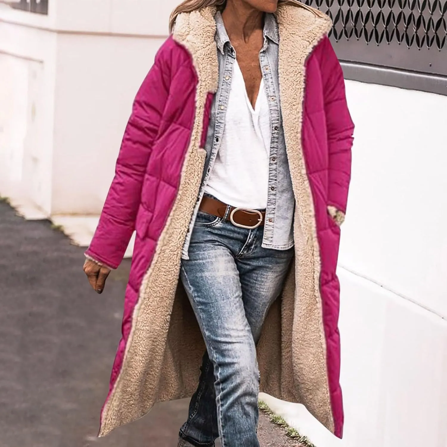 Sherpa Fleece Lined Quilted Jackets For Women Casual Hooded Warm Winter Long Puffer Coat Zip Up Outwear Fashion 2024