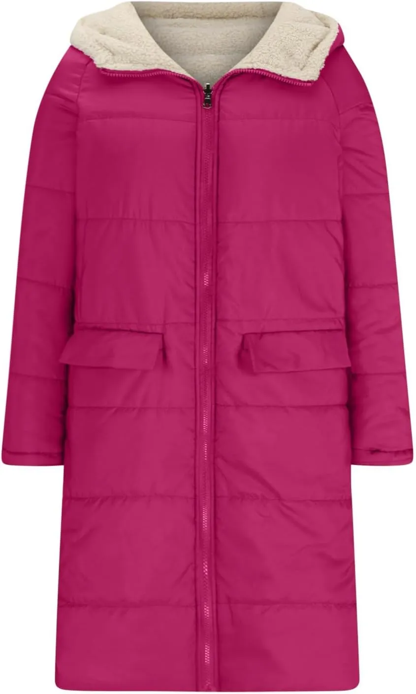 Sherpa Fleece Lined Quilted Jackets For Women Casual Hooded Warm Winter Long Puffer Coat Zip Up Outwear Fashion 2024