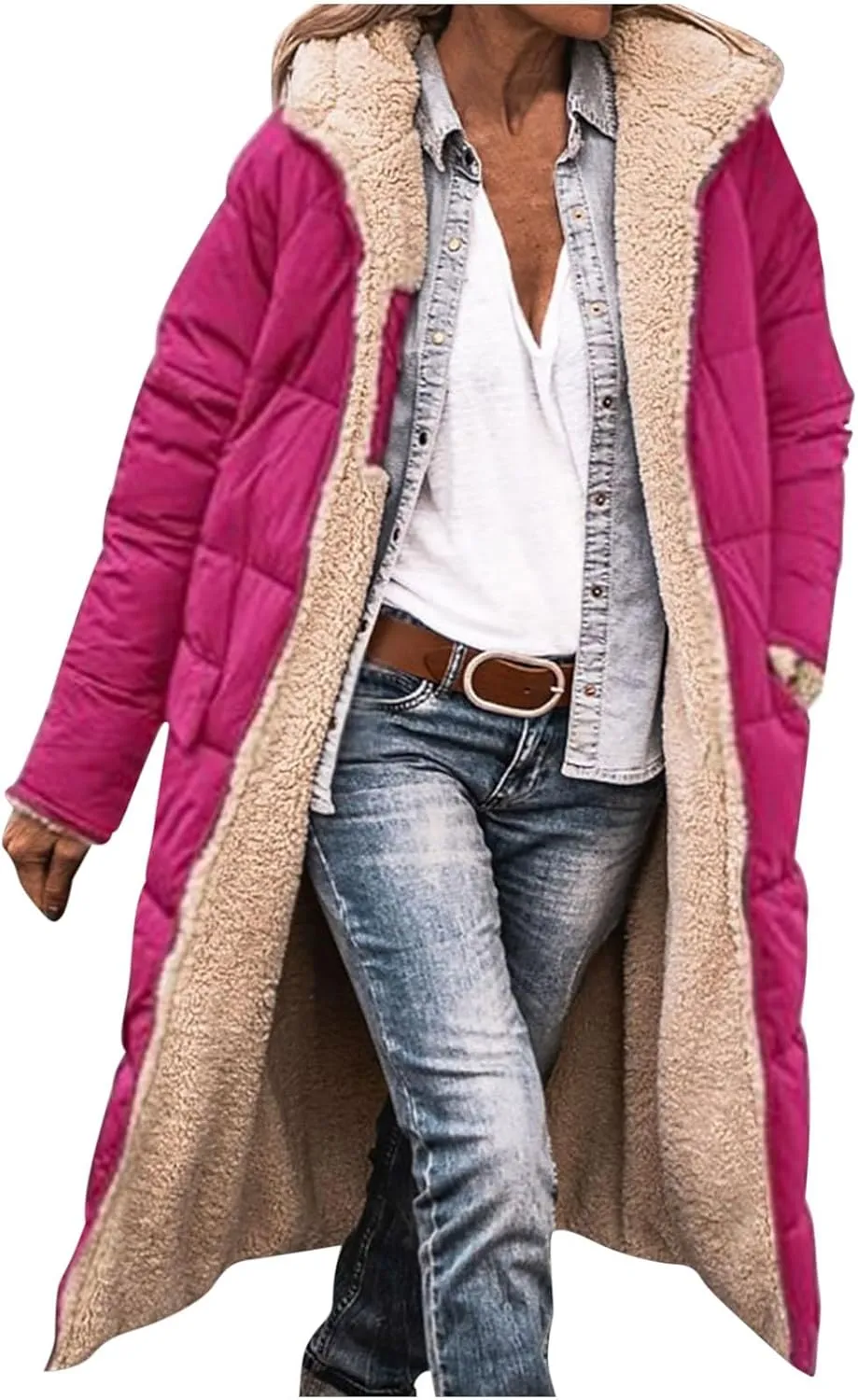 Sherpa Fleece Lined Quilted Jackets For Women Casual Hooded Warm Winter Long Puffer Coat Zip Up Outwear Fashion 2024