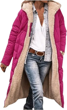Sherpa Fleece Lined Quilted Jackets For Women Casual Hooded Warm Winter Long Puffer Coat Zip Up Outwear Fashion 2024
