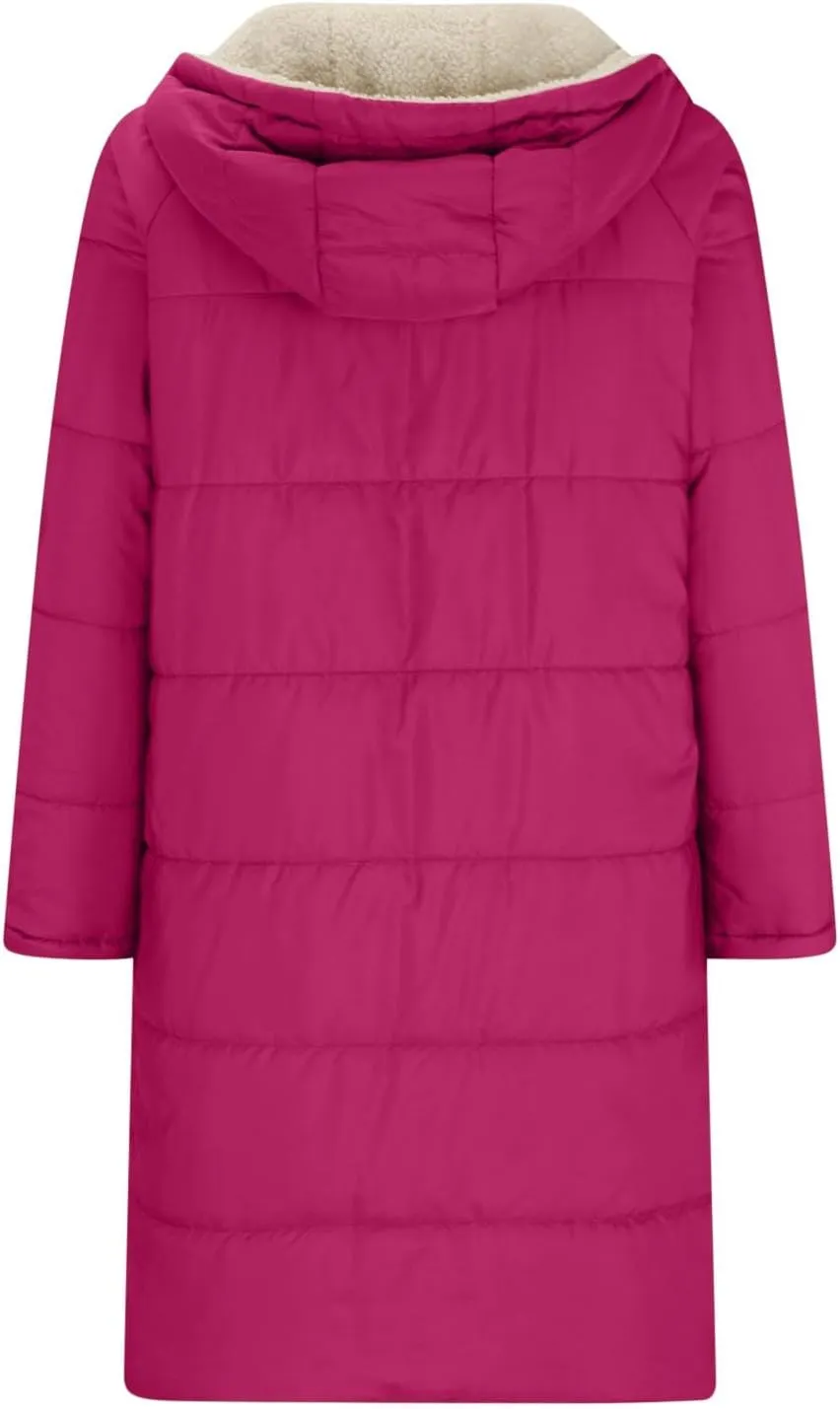 Sherpa Fleece Lined Quilted Jackets For Women Casual Hooded Warm Winter Long Puffer Coat Zip Up Outwear Fashion 2024