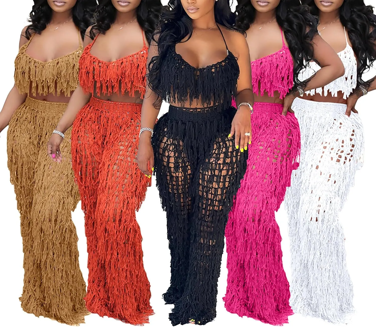 Tbahhir Women's 2 Piece Vacation Outfits Sexy Beach Suits Crochet Bikini Coverups Halter Top Pants Sets Fringe