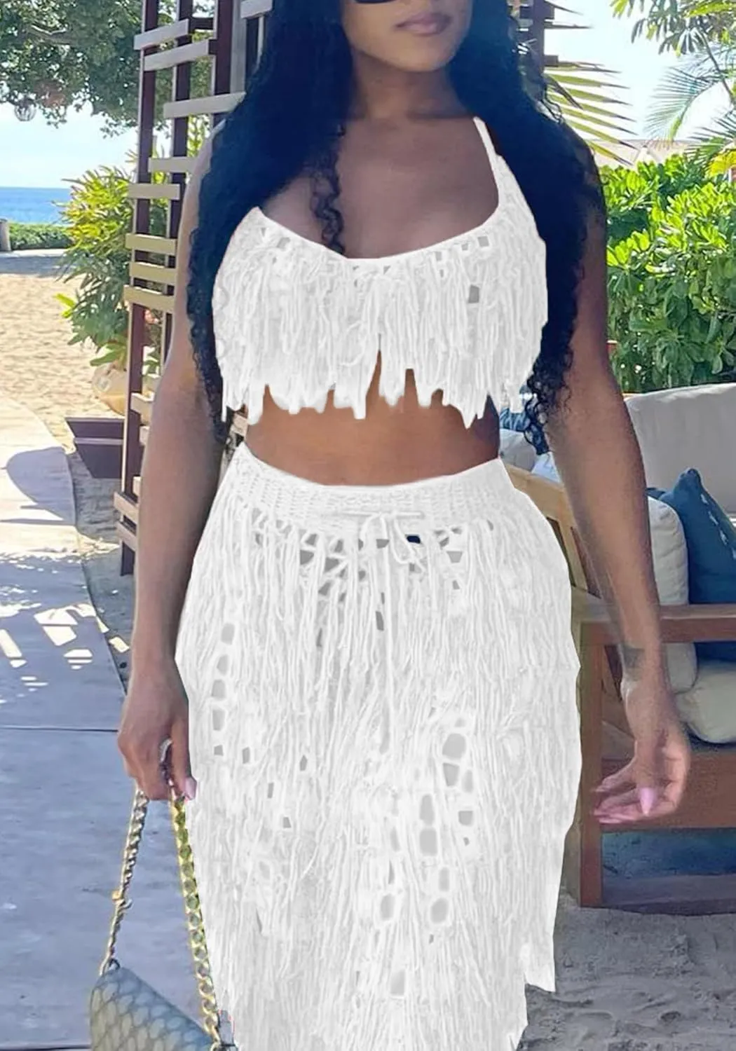 Tbahhir Women's 2 Piece Vacation Outfits Sexy Beach Suits Crochet Bikini Coverups Halter Top Pants Sets Fringe