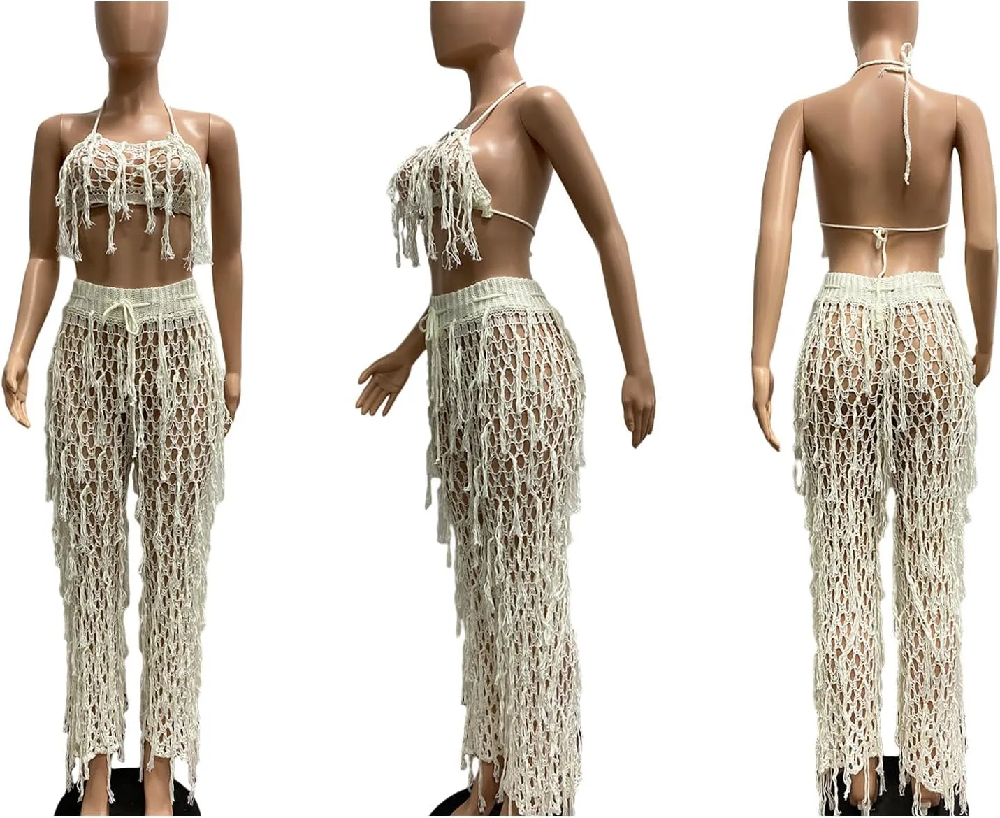 Tbahhir Women's 2 Piece Vacation Outfits Sexy Beach Suits Crochet Bikini Coverups Halter Top Pants Sets Fringe