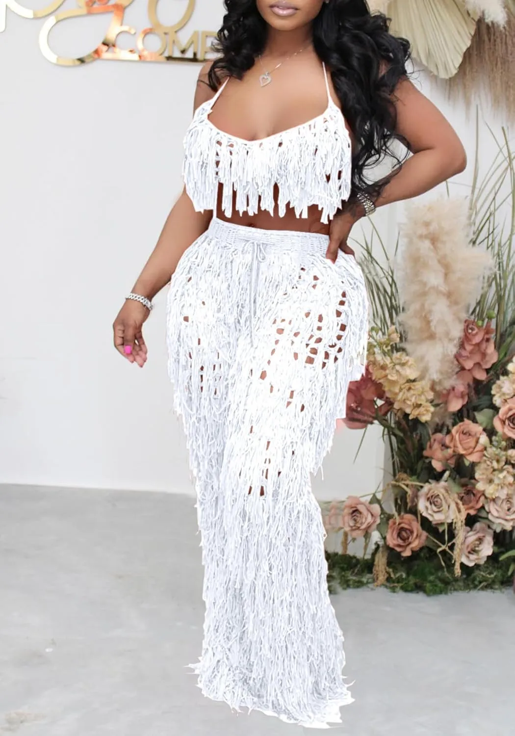Tbahhir Women's 2 Piece Vacation Outfits Sexy Beach Suits Crochet Bikini Coverups Halter Top Pants Sets Fringe