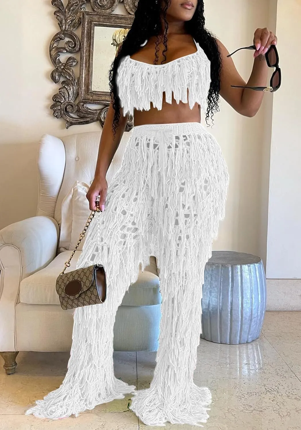Tbahhir Women's 2 Piece Vacation Outfits Sexy Beach Suits Crochet Bikini Coverups Halter Top Pants Sets Fringe