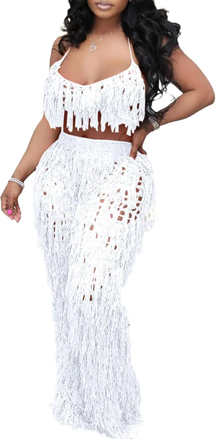 Tbahhir Women's 2 Piece Vacation Outfits Sexy Beach Suits Crochet Bikini Coverups Halter Top Pants Sets Fringe