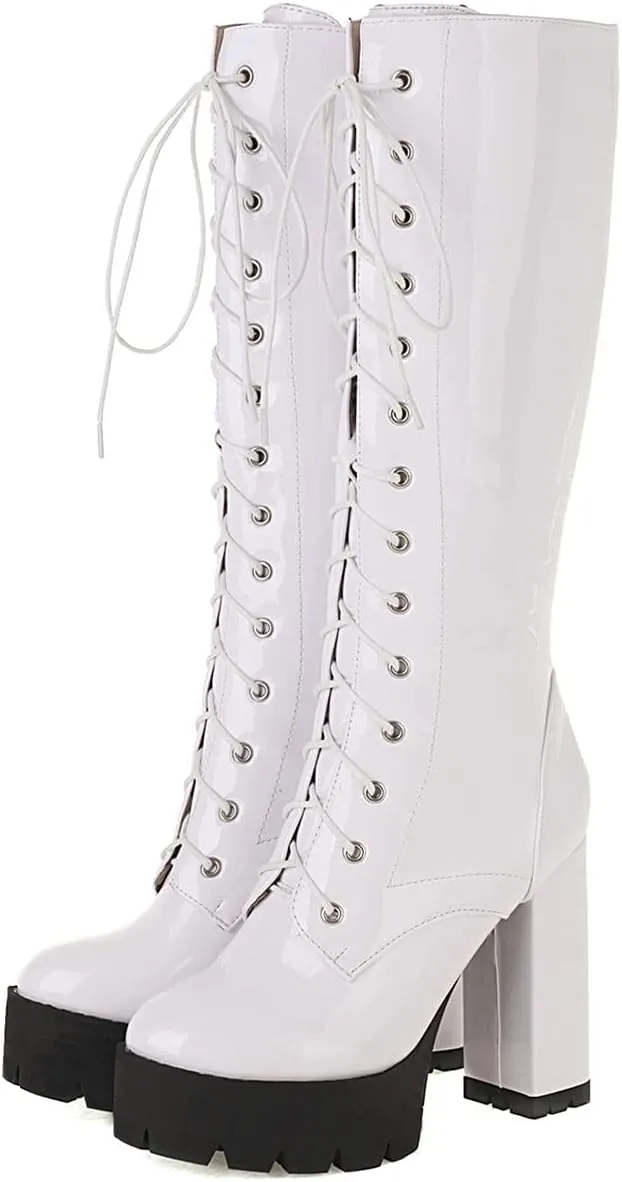 UniqueStride Womens Chunky Platform Knee High Boots High Heel Patent Leather Lace Up Round Toe Goth Boots