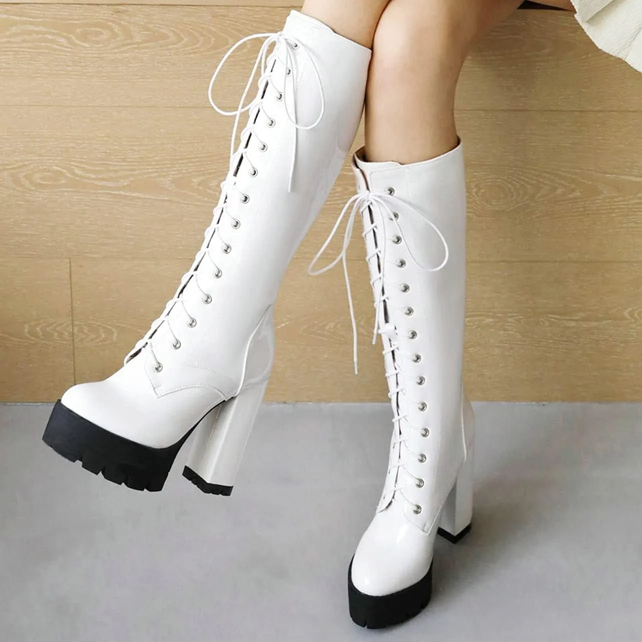 UniqueStride Womens Chunky Platform Knee High Boots High Heel Patent Leather Lace Up Round Toe Goth Boots