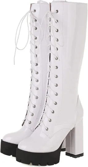 UniqueStride Womens Chunky Platform Knee High Boots High Heel Patent Leather Lace Up Round Toe Goth Boots