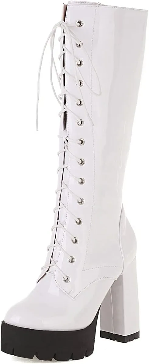 UniqueStride Womens Chunky Platform Knee High Boots High Heel Patent Leather Lace Up Round Toe Goth Boots