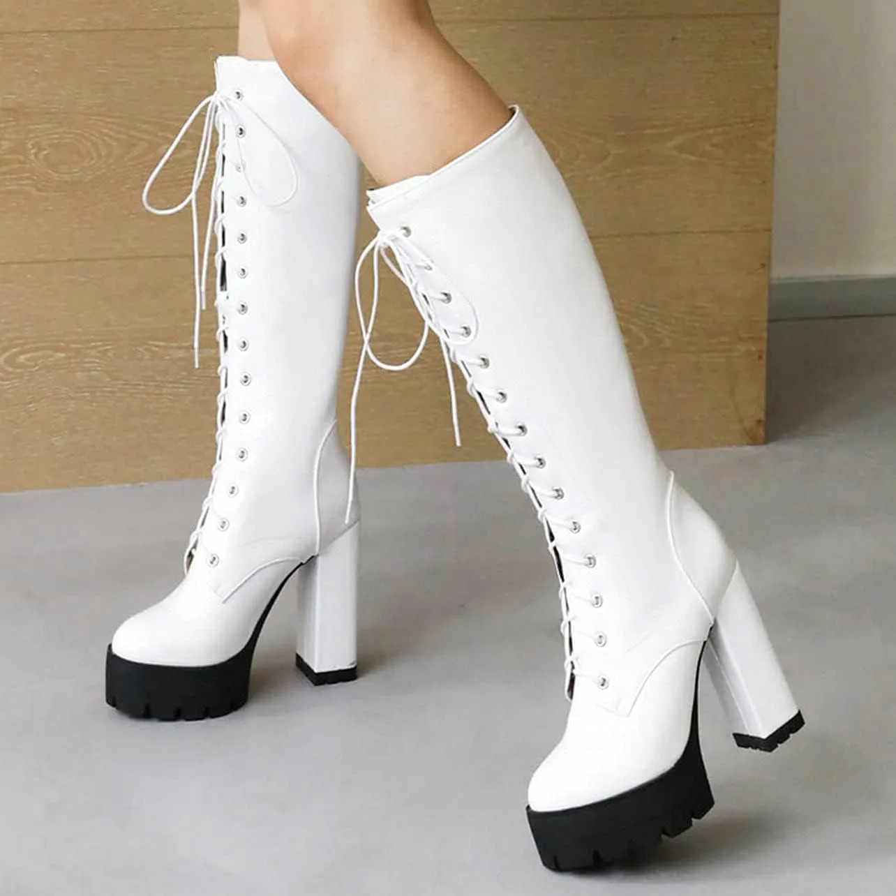 UniqueStride Womens Chunky Platform Knee High Boots High Heel Patent Leather Lace Up Round Toe Goth Boots