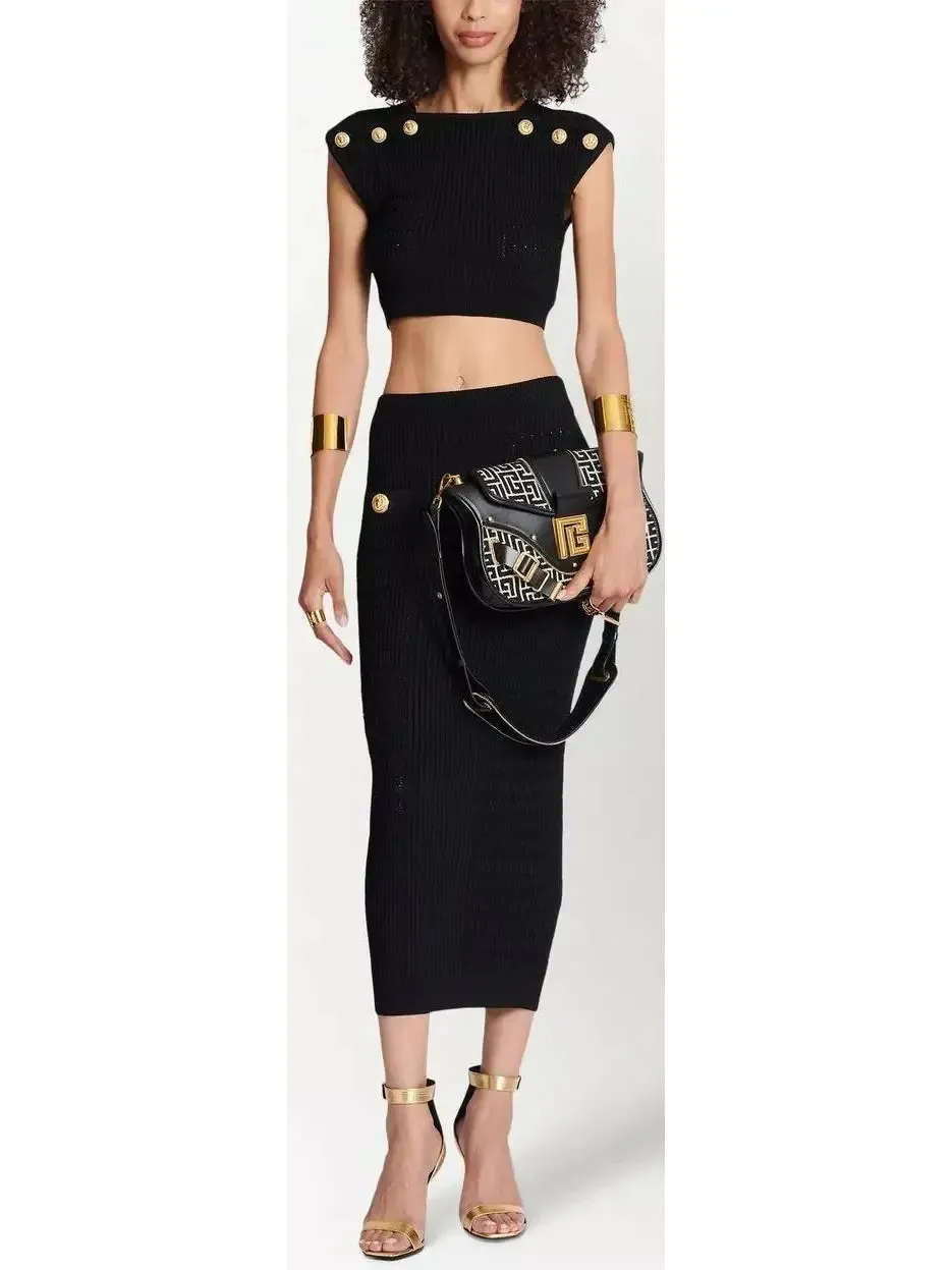 Women’s Button-Embellished Knit Crop Top and Skirt Set, Black