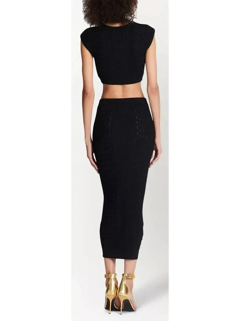 Women’s Button-Embellished Knit Crop Top and Skirt Set, Black
