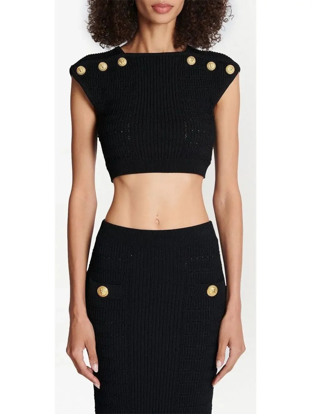 Women’s Button-Embellished Knit Crop Top and Skirt Set, Black