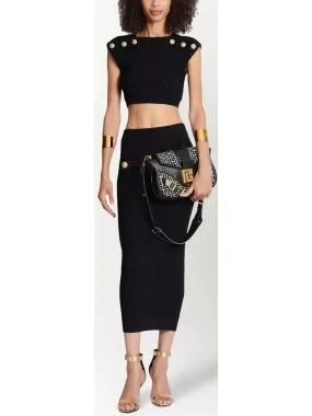 Women’s Button-Embellished Knit Crop Top and Skirt Set, Black