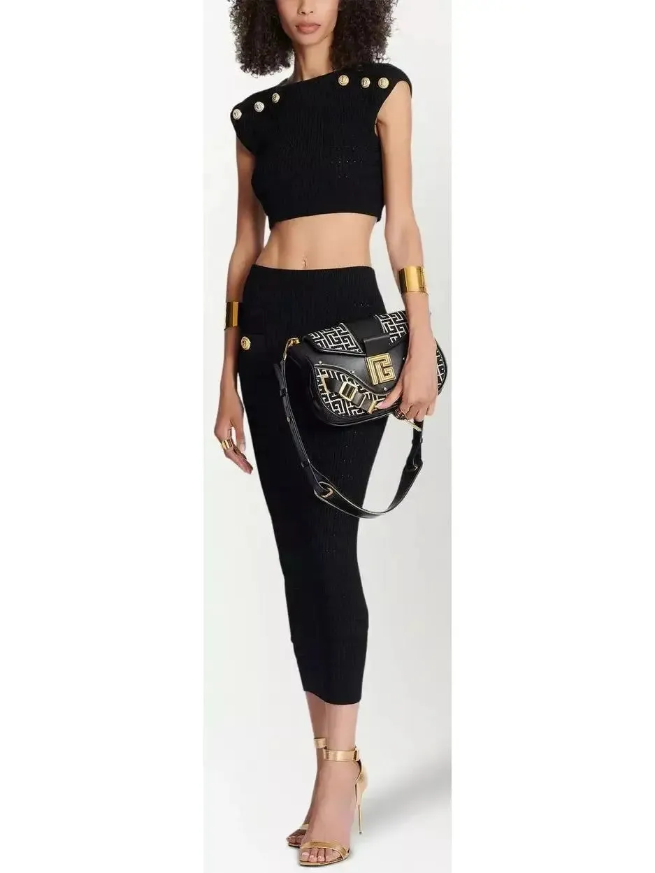 Women’s Button-Embellished Knit Crop Top and Skirt Set, Black