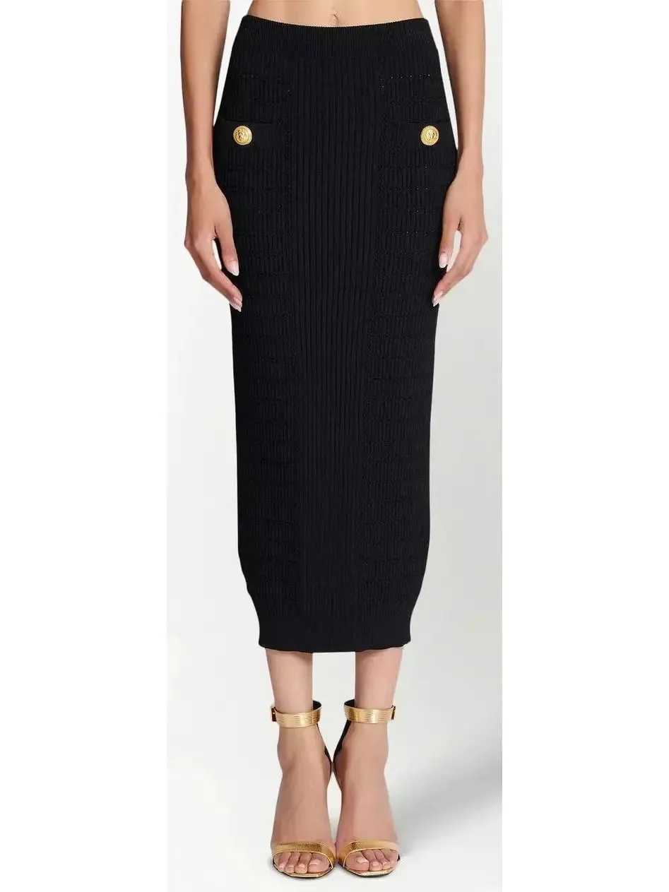 Women’s Button-Embellished Knit Crop Top and Skirt Set, Black