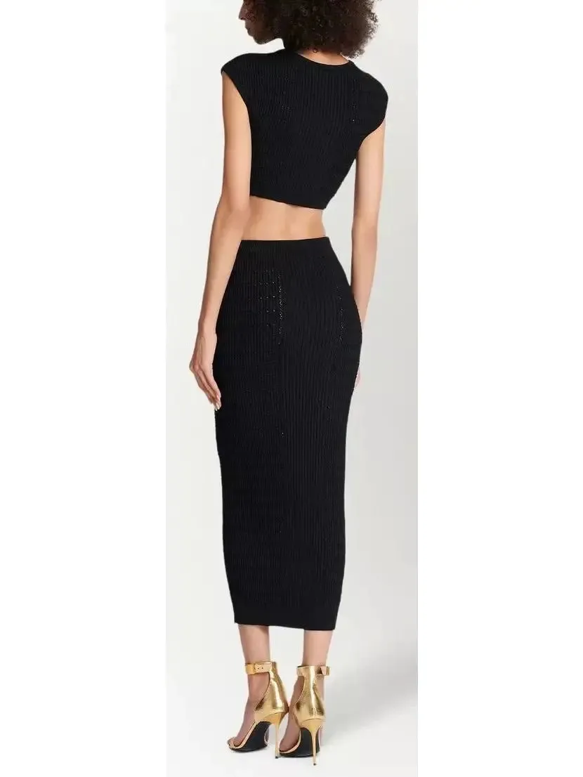 Women’s Button-Embellished Knit Crop Top and Skirt Set, Black
