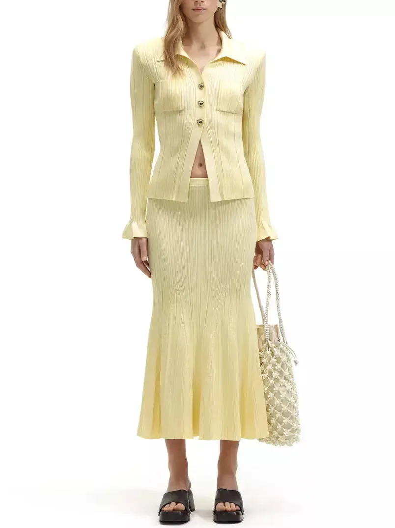 Women’s Buttoned Ribbed Knit Top and Midi Skirt Set in Yellow