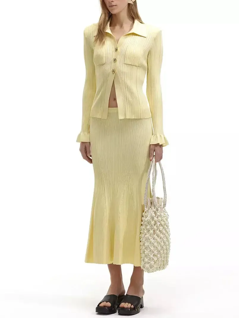 Women’s Buttoned Ribbed Knit Top and Midi Skirt Set in Yellow