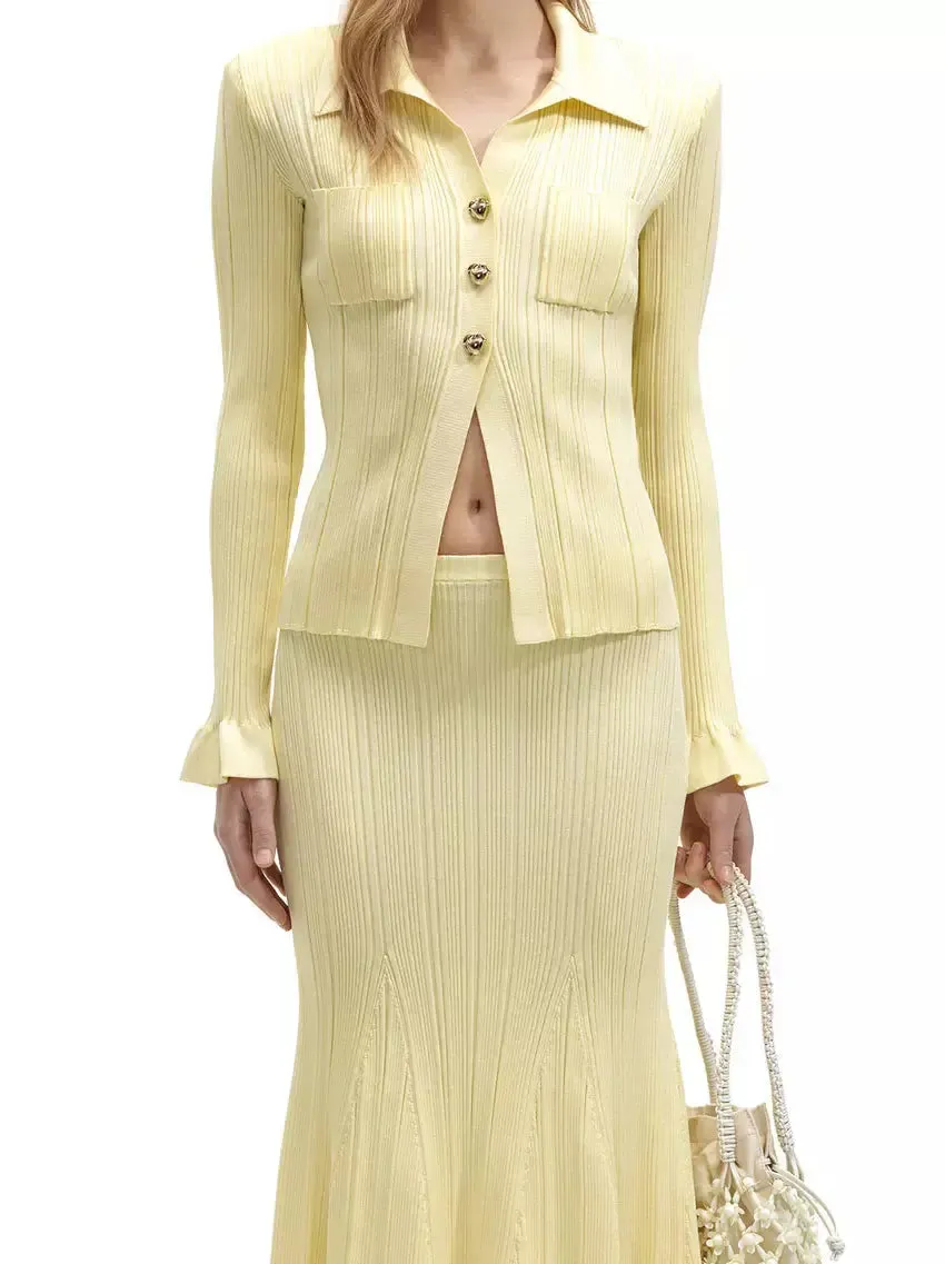 Women’s Buttoned Ribbed Knit Top and Midi Skirt Set in Yellow
