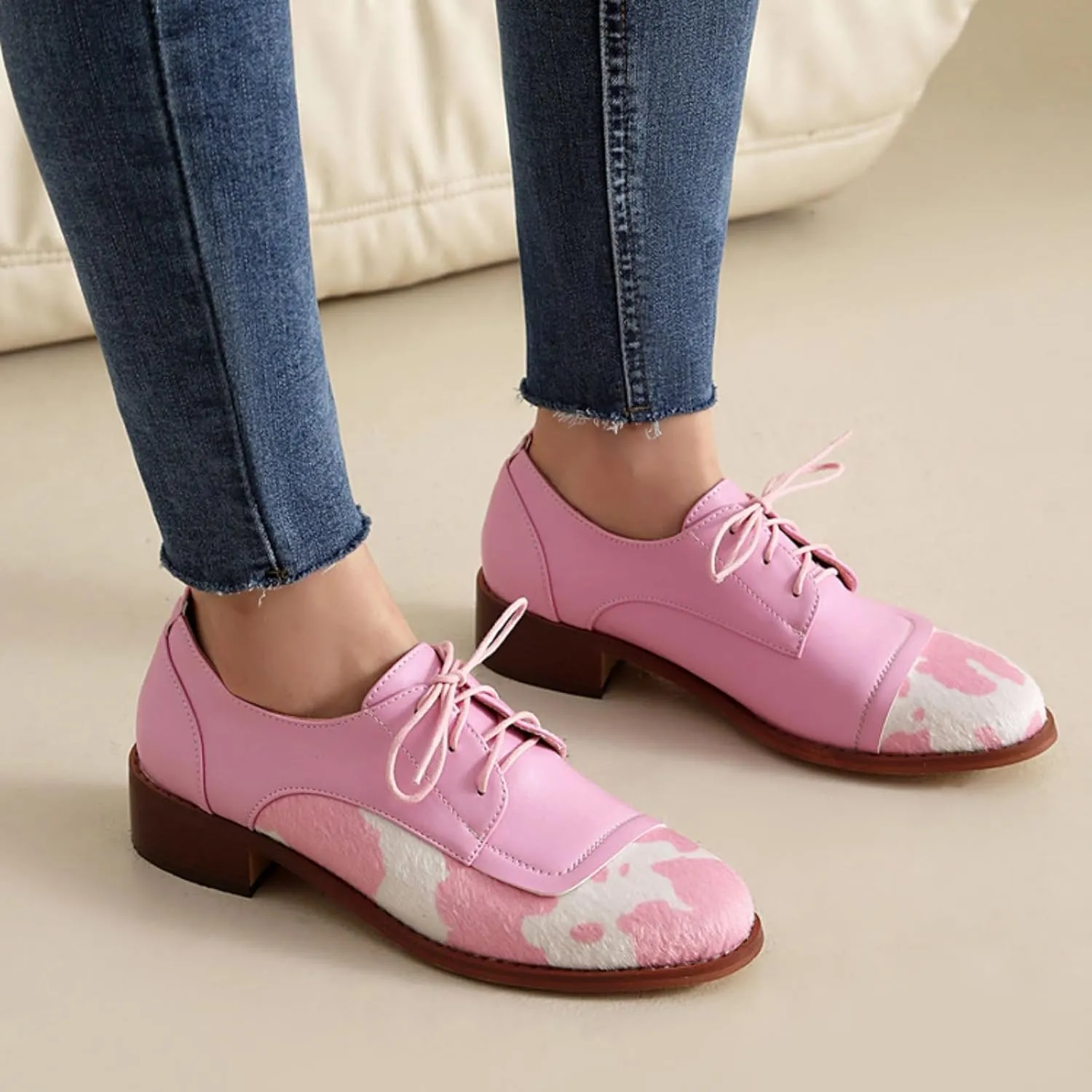 Women's Classic Round Toe Lace Up Low Block Chunky Heel Oxfords Comfortable Patchwork Non-Slip Casual Office Work Derby Saddle Shoes
