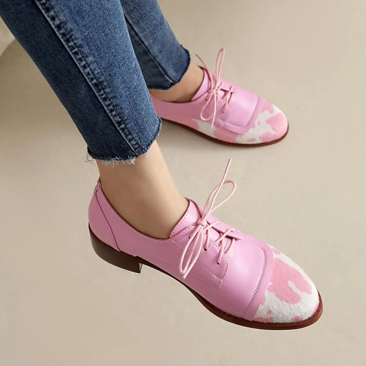 Women's Classic Round Toe Lace Up Low Block Chunky Heel Oxfords Comfortable Patchwork Non-Slip Casual Office Work Derby Saddle Shoes