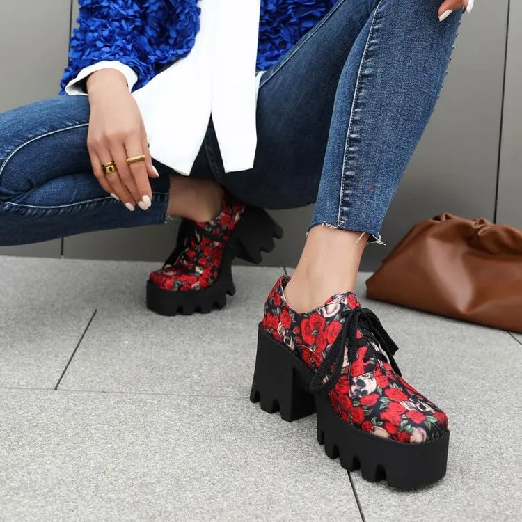 Women's Floral Pattern Lace Up Lug Sole Oxfords Square Toe Closed Platform Block Chunky High Heels Pumps Fashion Roses Skull Print Evening Party Prom Dress Shoes