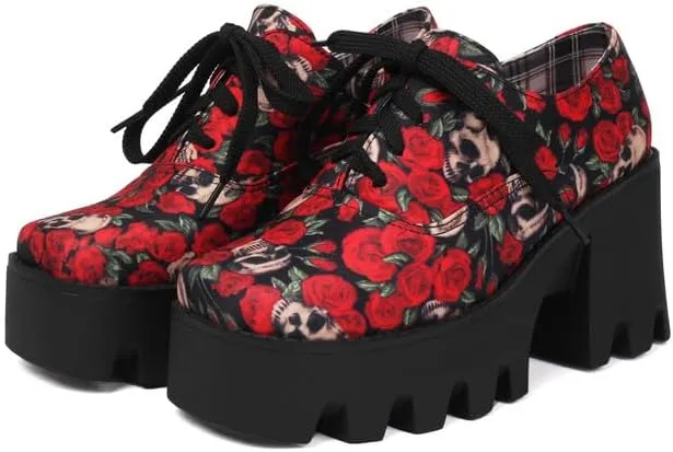 Women's Floral Pattern Lace Up Lug Sole Oxfords Square Toe Closed Platform Block Chunky High Heels Pumps Fashion Roses Skull Print Evening Party Prom Dress Shoes