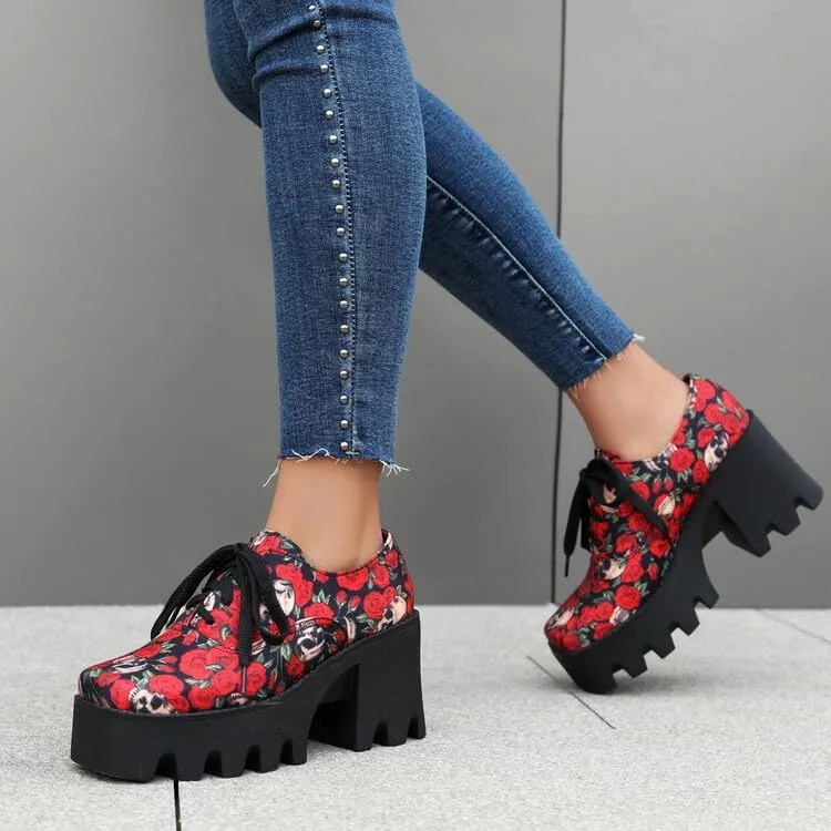 Women's Floral Pattern Lace Up Lug Sole Oxfords Square Toe Closed Platform Block Chunky High Heels Pumps Fashion Roses Skull Print Evening Party Prom Dress Shoes