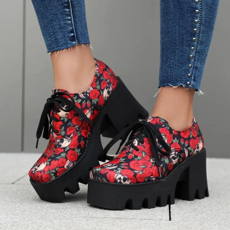 Women's Floral Pattern Lace Up Lug Sole Oxfords Square Toe Closed Platform Block Chunky High Heels Pumps Fashion Roses Skull Print Evening Party Prom Dress Shoes