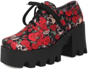 Women's Floral Pattern Lace Up Lug Sole Oxfords Square Toe Closed Platform Block Chunky High Heels Pumps Fashion Roses Skull Print Evening Party Prom Dress Shoes