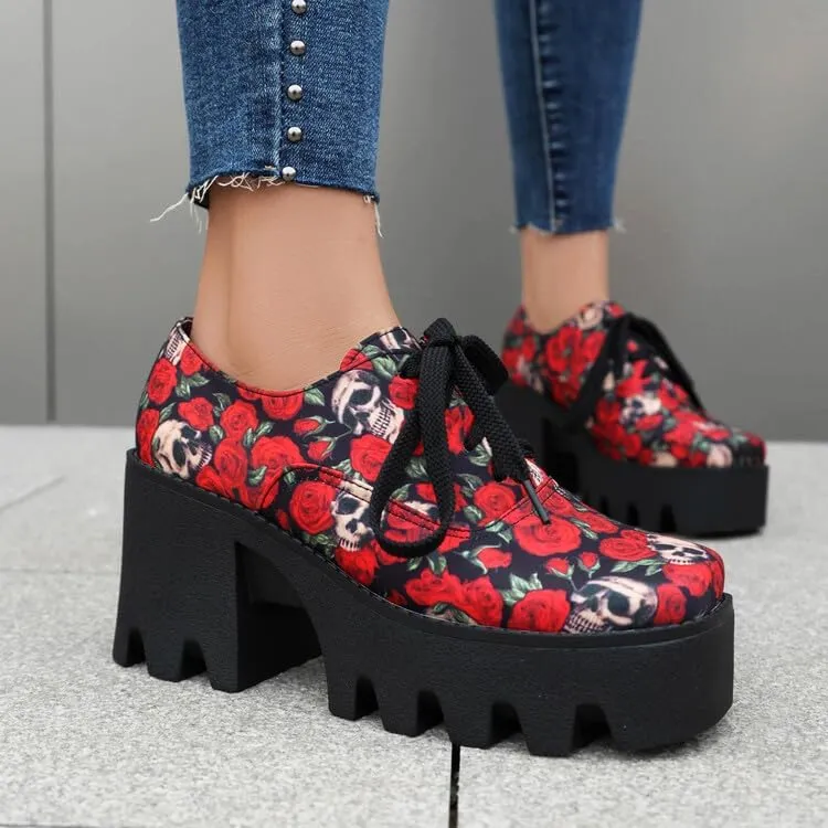 Women's Floral Pattern Lace Up Lug Sole Oxfords Square Toe Closed Platform Block Chunky High Heels Pumps Fashion Roses Skull Print Evening Party Prom Dress Shoes