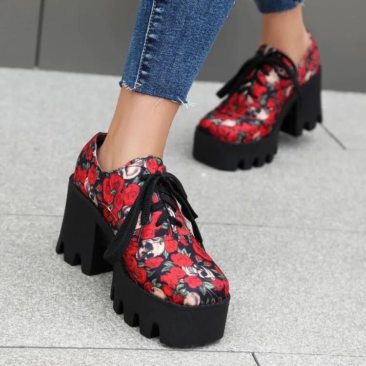 Women's Floral Pattern Lace Up Lug Sole Oxfords Square Toe Closed Platform Block Chunky High Heels Pumps Fashion Roses Skull Print Evening Party Prom Dress Shoes