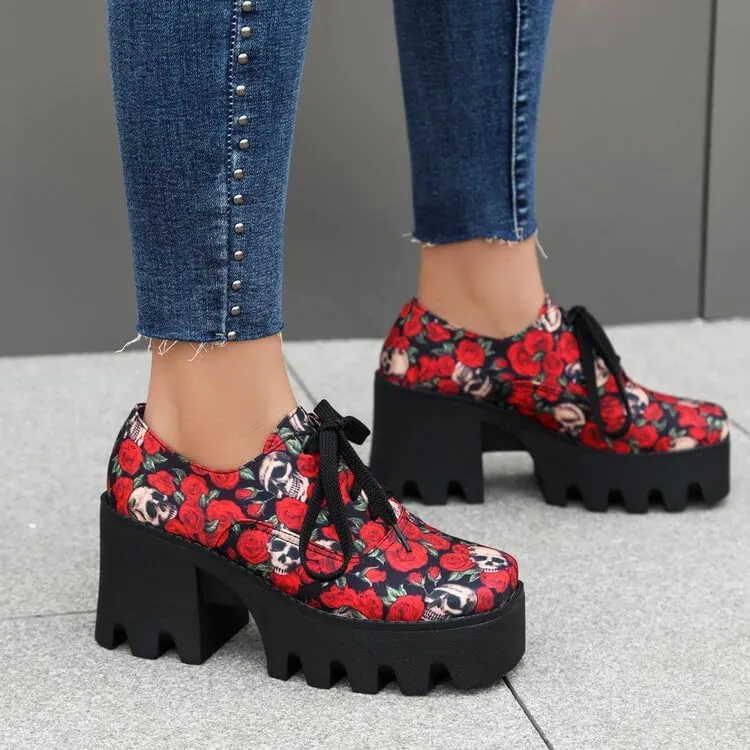 Women's Floral Pattern Lace Up Lug Sole Oxfords Square Toe Closed Platform Block Chunky High Heels Pumps Fashion Roses Skull Print Evening Party Prom Dress Shoes