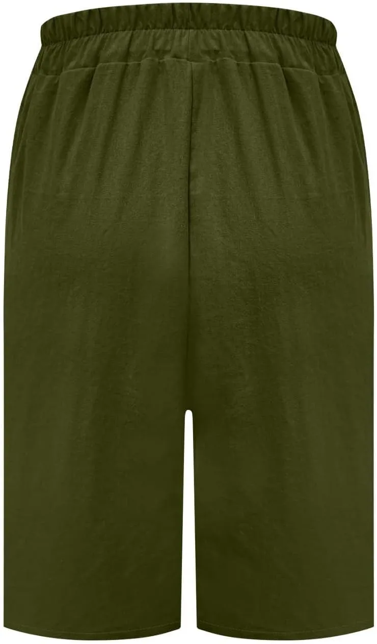 Womens Linen Bermuda Shorts Knee Length High Waisted Capris with Pockets Loose Fit Wide Leg Shorts for Summer