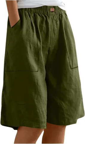 Womens Linen Bermuda Shorts Knee Length High Waisted Capris with Pockets Loose Fit Wide Leg Shorts for Summer
