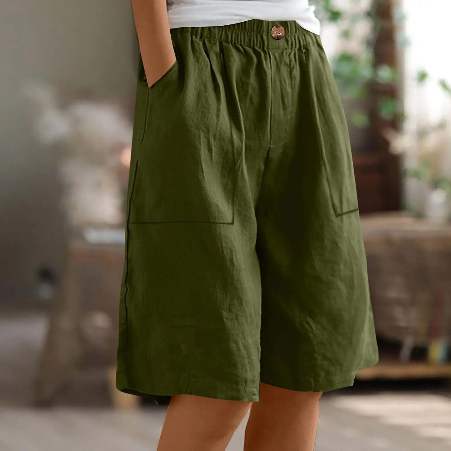 Womens Linen Bermuda Shorts Knee Length High Waisted Capris with Pockets Loose Fit Wide Leg Shorts for Summer
