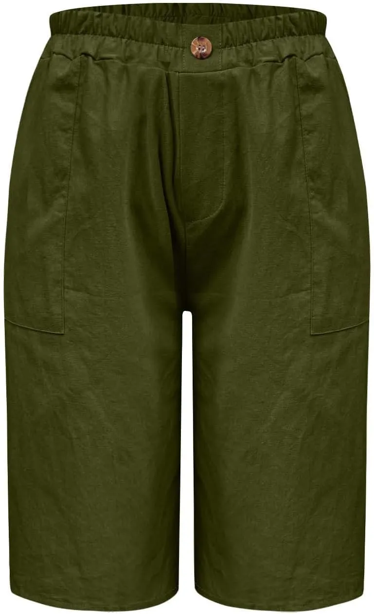 Womens Linen Bermuda Shorts Knee Length High Waisted Capris with Pockets Loose Fit Wide Leg Shorts for Summer