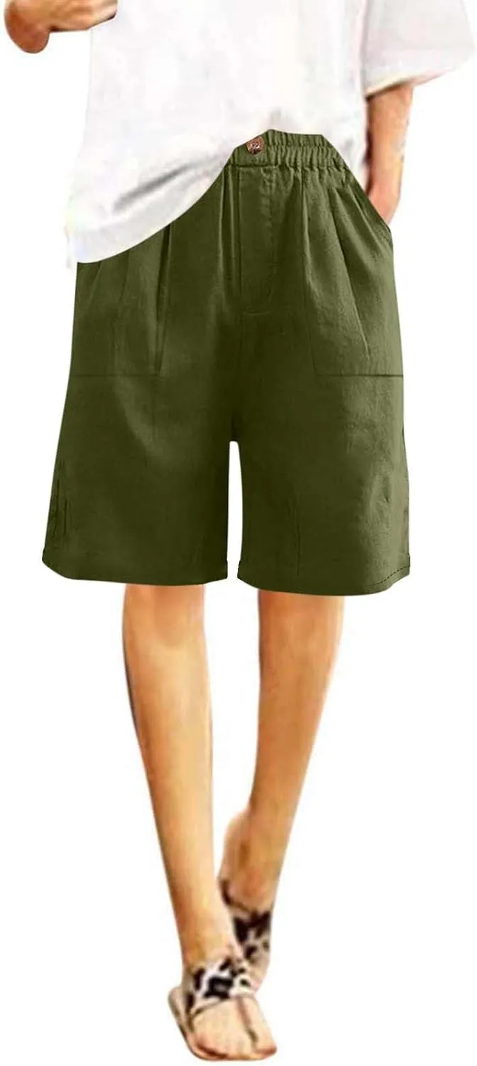 Womens Linen Bermuda Shorts Knee Length High Waisted Capris with Pockets Loose Fit Wide Leg Shorts for Summer