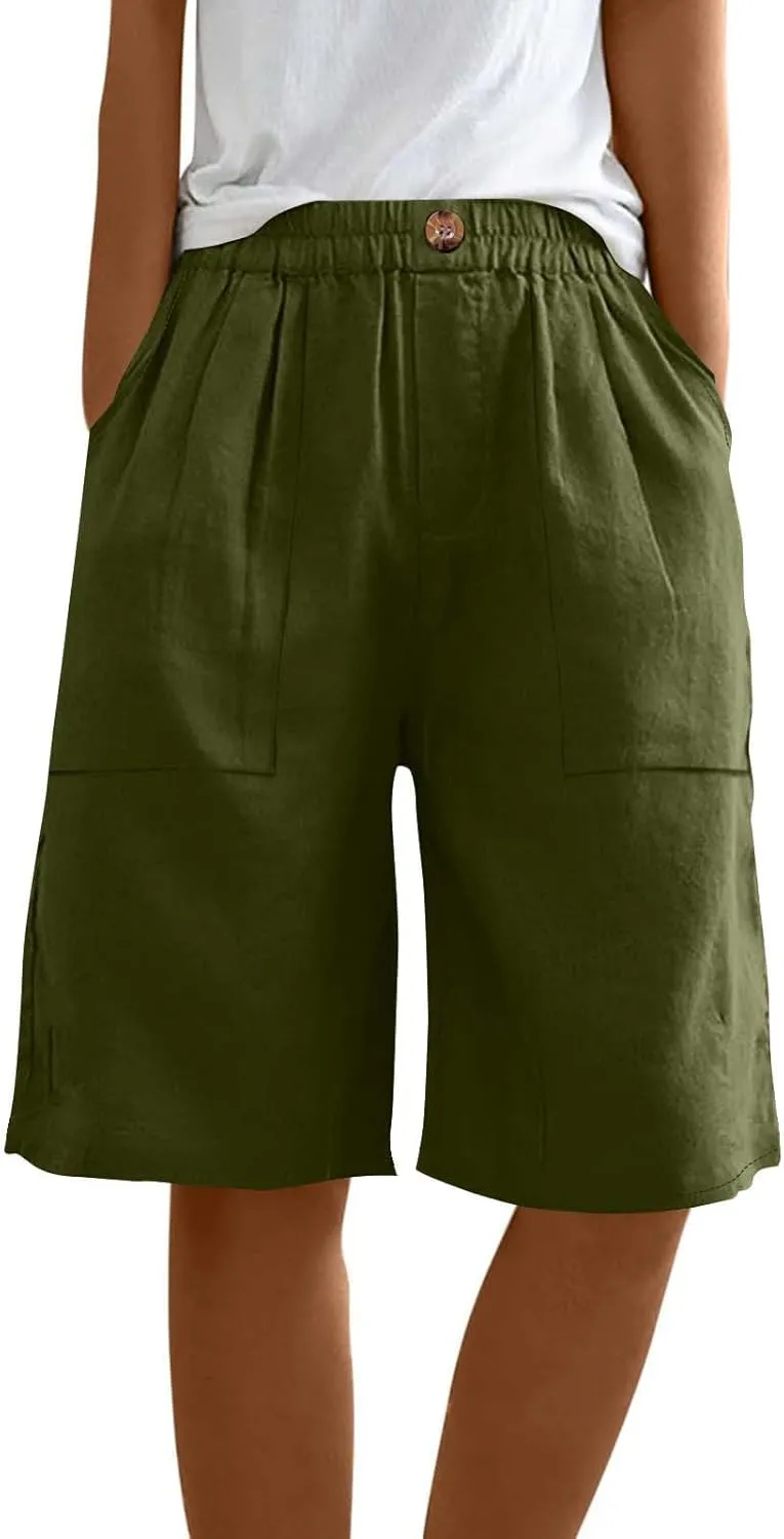 Womens Linen Bermuda Shorts Knee Length High Waisted Capris with Pockets Loose Fit Wide Leg Shorts for Summer