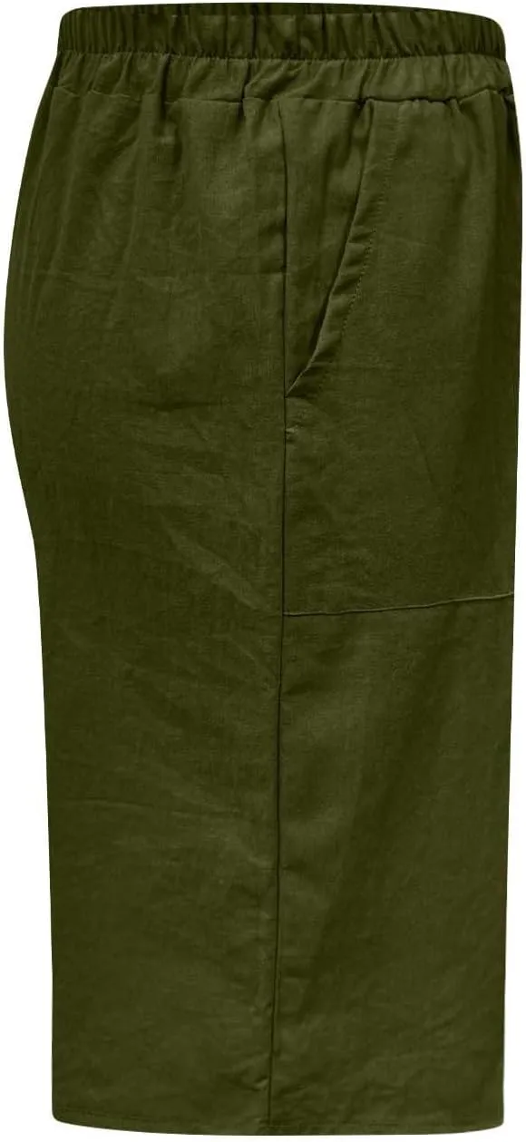 Womens Linen Bermuda Shorts Knee Length High Waisted Capris with Pockets Loose Fit Wide Leg Shorts for Summer