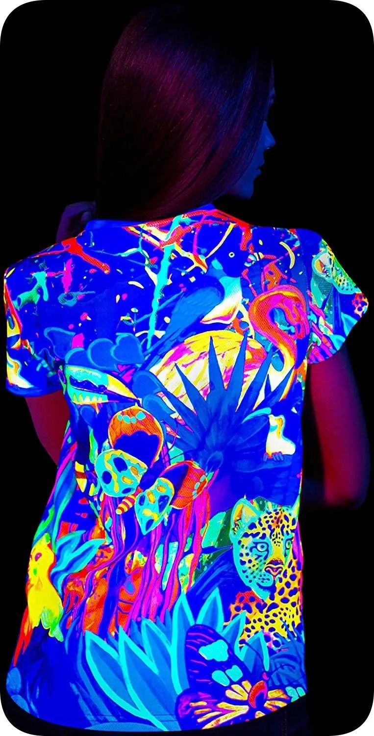 Womens Neon T Shirt Glow in UV Fluorescent Lion Jungle