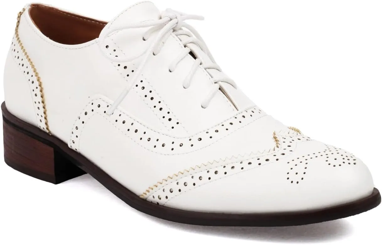 Women's Perforated Lace Up Oxfords Pumps Round Toe Low Chunky Heel Block Patchwork Wingtip Brogues Casual Comfortable Derby Saddle Shoes