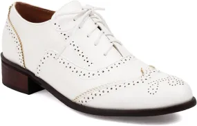 Women's Perforated Lace Up Oxfords Pumps Round Toe Low Chunky Heel Block Patchwork Wingtip Brogues Casual Comfortable Derby Saddle Shoes